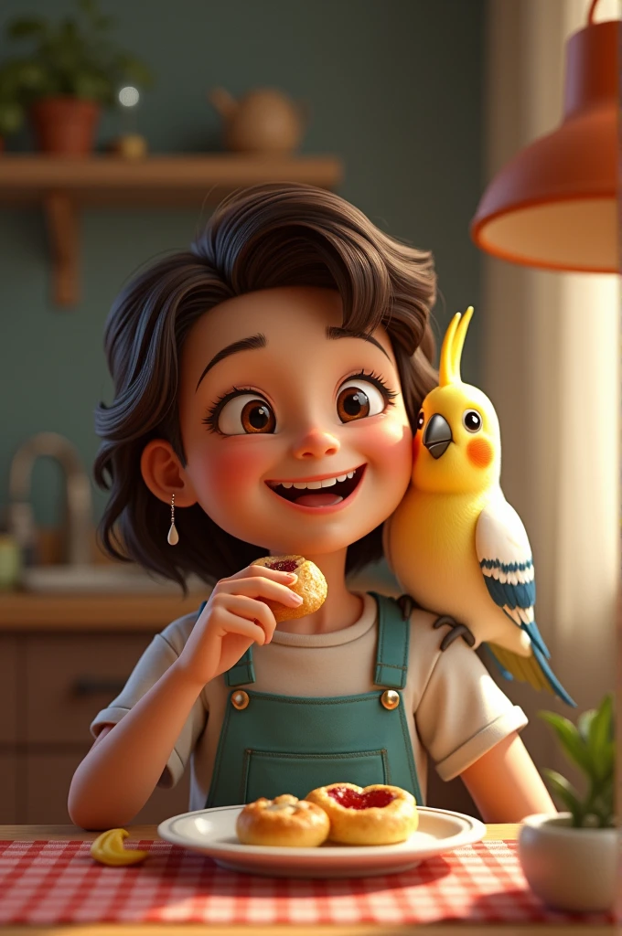 A  eating little Cutie pie and a cockatiel is sitting on his shoulder 