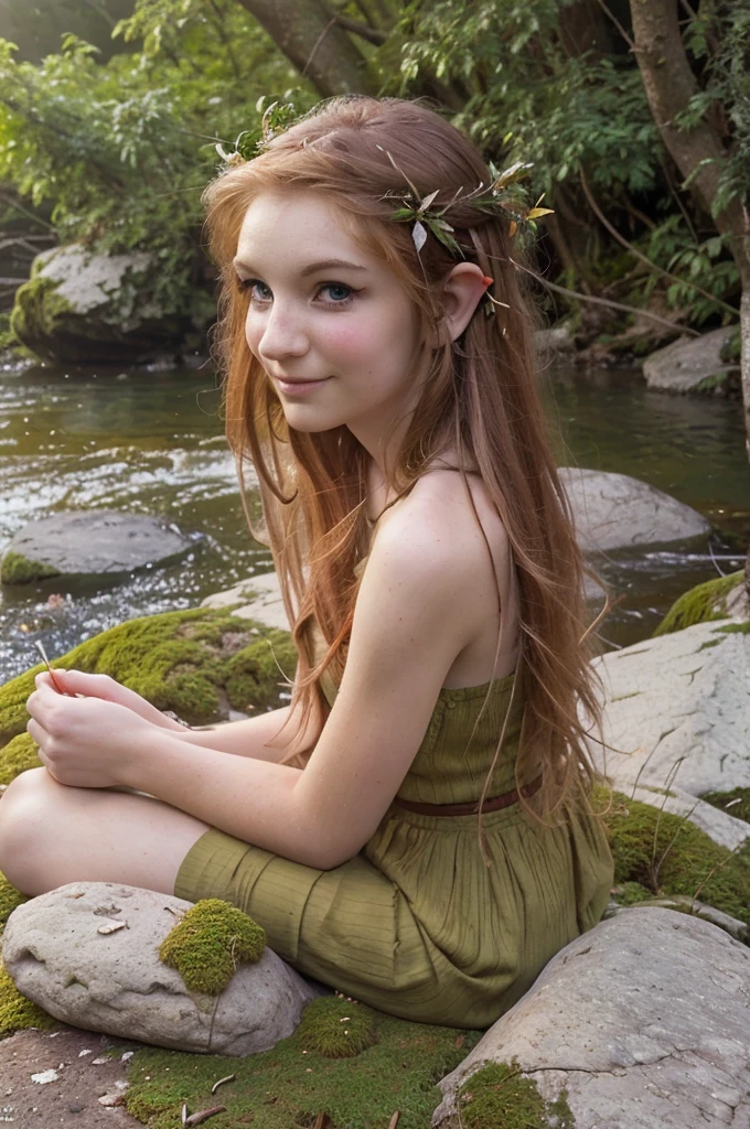 oil paint, Brush marks, head and shoulders portrait of A beautiful young red-haired elf sits on a mossy rock in the middle of a crystal clear river. Golden sunlight bathes the scene, while subtle magical glows emanate from the elf and the nature around her. Magical flowers and leaves with elven patterns adorn the riverbank, while small fantastical animals observe the scene with curiosity. Cinematic lighting