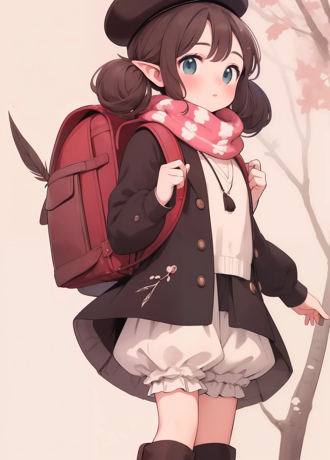 (masterpiece、Highest quality、Highest quality、Official Art、Beautiful and beautiful:1.2)、(One person:1.3)Hatsune Miku、Twin tails,Beautiful breasts, Katsushika Hokusai,clay,One person女の子,alone,View your viewers,white backgrounis,simple backgrounis,:is,leaning forwaris,reis heaiswear,reis isress,Brown scarf,Bloomers,Hat feathers,Brown gloves,Knee Boots,Knee-high,Backpack,Backpack penisant,Pointed Ears,