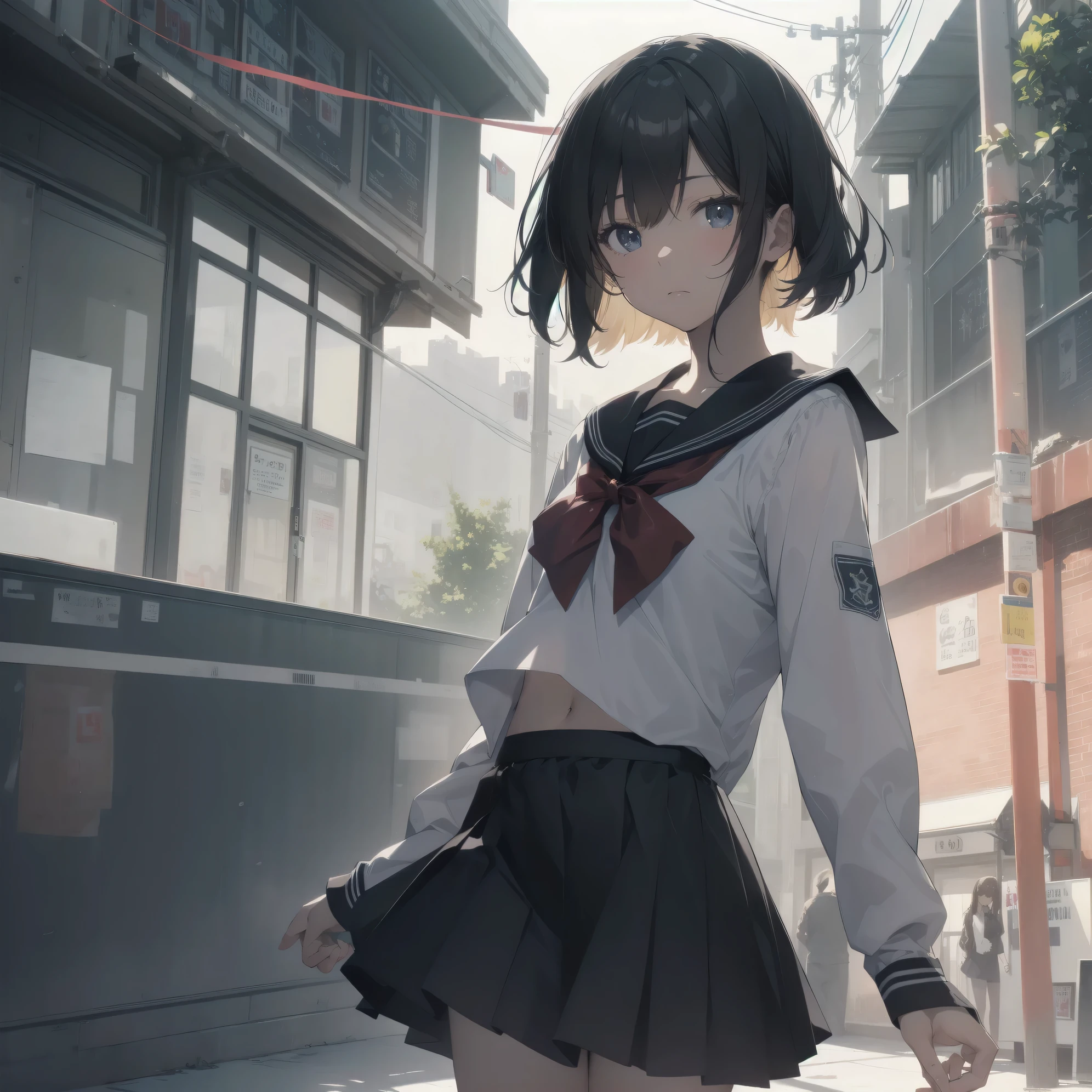 ultra-absurdres-Top quality by artist God, ultra-detailed, high resolution, anime moe artstyle, best anime 8k konachan wallpaper, pixiv contest winner, pool:2810, perfect anatomy,break, 1girl, (Please draw a girl walking sleepily to school alone. )break,(Solo,little female,:1.3),Full limbs, ,a junior high school student, (very short hair), short cut, flat chest, , small butt, small black eyes, beautiful detailed eyes, well-proportioned iris and pupils, expressive eyes, highres detailed hair, soft expression, salor school_uniform, sailor collar, serahuku, bow, pleated skirt,(Detailed Lighting), (Detailed background), in the School commute route. break,super detailed skin, Best cinematic lighting powered by famous artist, 8k,beauty illustration,photoshop_(medium),very aesthetic,break,((artist:merunyaa )), artist:clamp ,artist:carnelian ,artist:kantoku ,