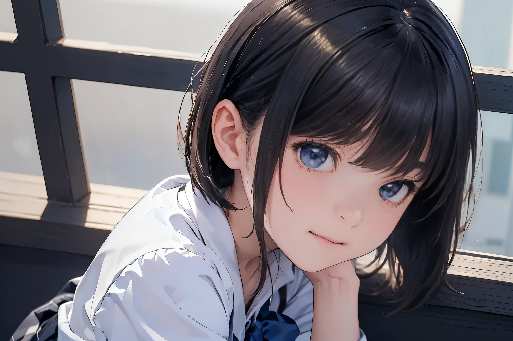 masterpiece:1.3), (8k, Realistic, RAW Photos: 1.4), Japanese, (1 female), 、Beautiful Face, Round face,A little small chin (Lively Faces), (Short Bob。Side pop-up:1.3)、Close ~ eyes、Thin eyebrows、Open your mouth slightly、Cute smile、(Realistic Skin), Beautiful Skin, charm, Ultra-high resolution, Surreal、Summer clothes、school uniform、Checked mini skirt