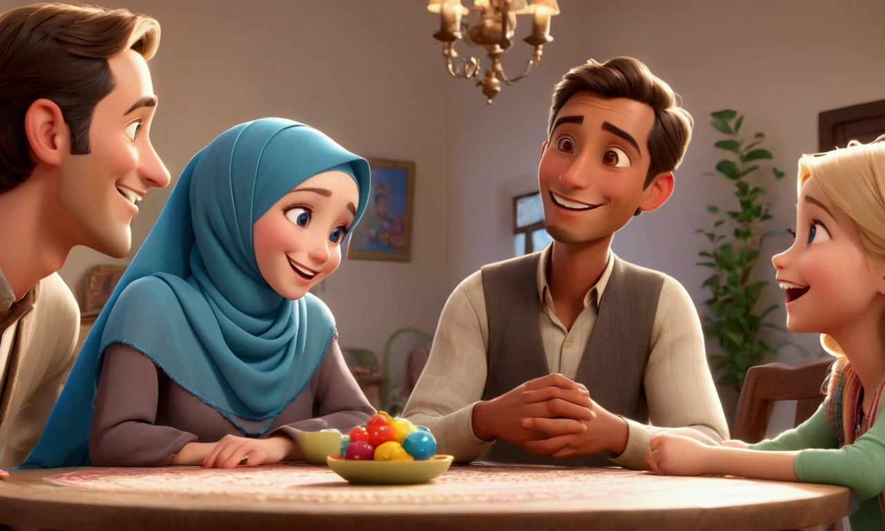 a mature man, a beautiful woman with hijab, a young boy, a young girl, sitting around a table talking and laughing, in a beautiful decorated living room, beatiful european face, clear blue eyes, white skin, smiling, Pixar style, wide angle