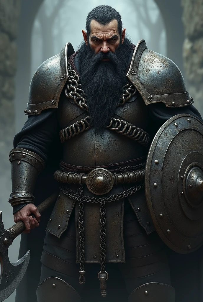 A gloomy, grim fantasy dwarf in full shining chain armour, middle aged man, with long black beard, which is braided, decorated with iron rings, long black hair, which are braided, decorated with iron rings, holds a battle axe in one hand and an iron shield in the other