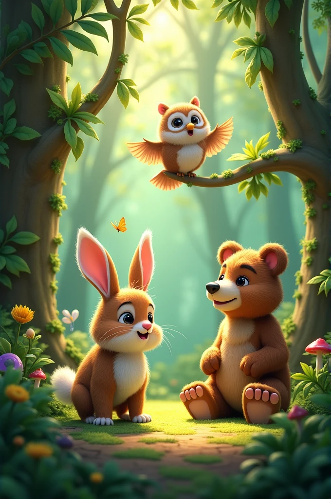 Tico is a rabbit and Max is a bear and Bia is an owl in a forest