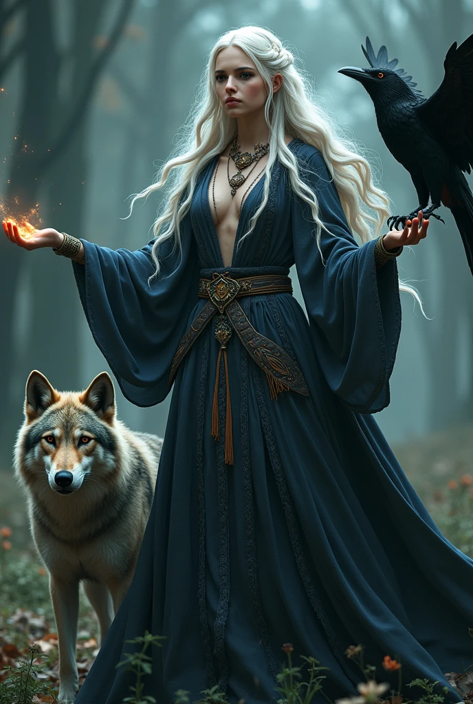 a sexy celtic witch, wearing beast skin clothing, white hair in braids, casting  a spell, wolf and raven, intricate details, hyper realistic, photorealistic, (best quality,4k,8k,highres,masterpiece:1.2),ultra-detailed,(realistic,photorealistic,photo-realistic:1.37),HDR,UHD,studio lighting,ultra-fine painting,sharp focus,physically-based rendering,extreme detail description,professional,vivid colors,bokeh,fantasy,dark fantasy,spooky,moody,dramatic lighting