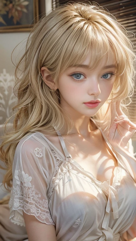 (masterpiece: 1.2, Portraiture, Highest quality), Realistic, (Live Action, Intricate details, Written boundary depth), Highest quality, masterpiece, Attention to detail, semi-Realistic, 朝にDrink coffee , shy, 2, Short blonde, blue eyes, blonde、 Slim figure、Shoulder Bare、Basking in the morning sun、Wearing a negligee and white panties, Morning light shines through the gap in the curtains, I only wear white underwear under my nightgown, Drink coffee 