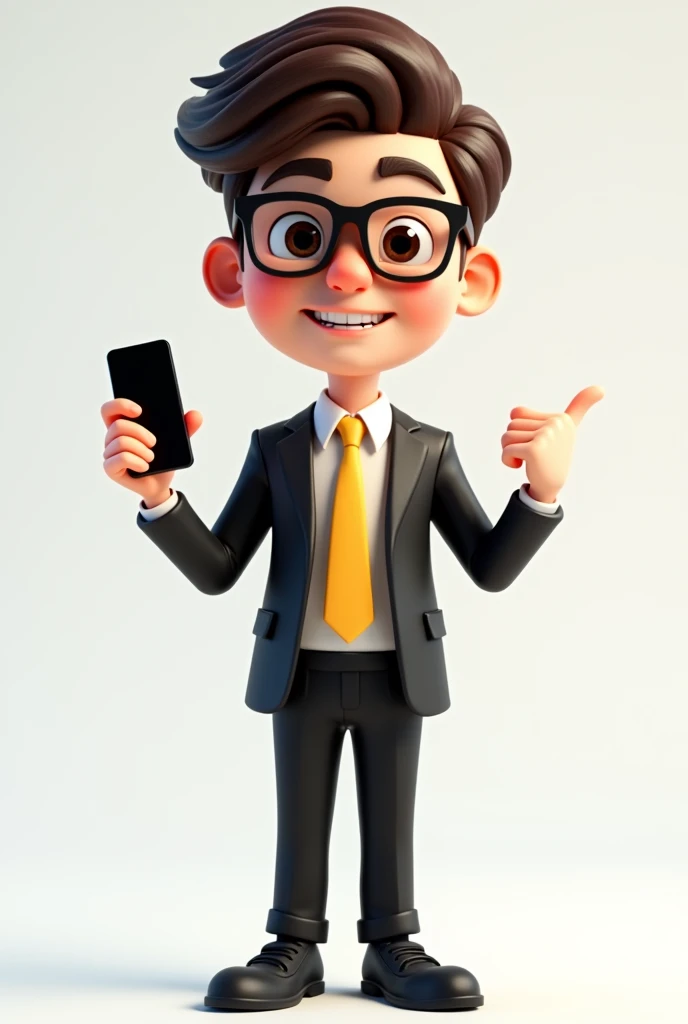 A full body 3D cartoon character. He has a friendly appearance, charismatic and is smiling. The character is a young man with fair skin, dark brown straight hair, bushy eyebrows, big brown eyes and wears glasses. His behavior is cheerful.
The character is dressed formally, wearing a black suit with a yellow tie.
With one hand she is holding a cell phone and with the other she is pointing at the cell phone. The background of the image is neutral, which further highlights the character.