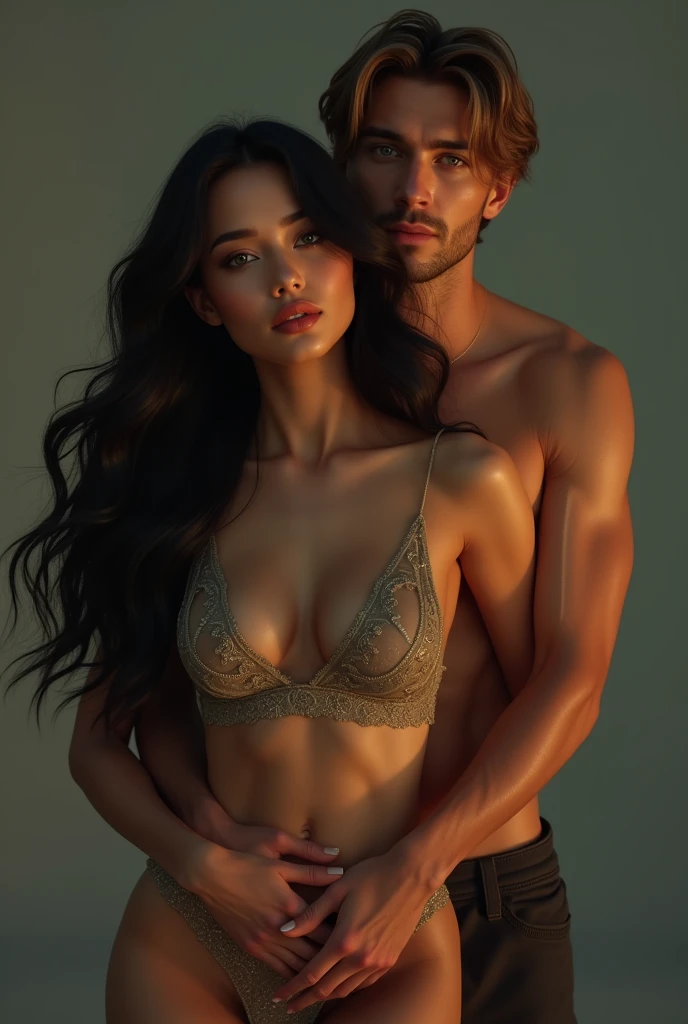A beautiful Instagram model, long black hair, wearing a beautiful outfit , full body view, ((big boobs)), (hourglass figure), (white girl), detailed face, beautiful eyes, luscious lips, cinematic lighting, photorealistic, highres, 8k, (best quality:1.2), (realistic:1.37) , full body view , with her friend,Handsome 3 caucasian man with desireable features, medium length light brown hair, trimmed sides, clean shave face, BREAK, intriguing green eyes, tall and fit, (athletic:1.2) physique, seductive smile with confident expression , sexy , hugging rom behind, love