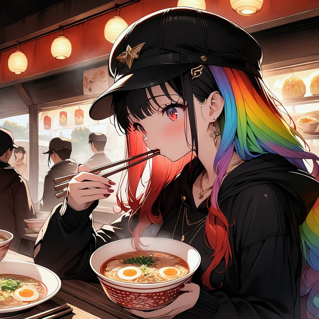 (((anime))) One Woman,Eating ramen,Using chopsticks,Long Hair,Tuck hair behind ears,(Rainbow Hair),Bangs parted in the center,necklace ((Red eyes)),Big Eyes,Profile Black hoodie,Cap ,Inside the food stall,steam,Backlight,masterpiece,Highest quality,Exquisite,8k,Absurd,Ultra-fine illustrations,(View your audience)