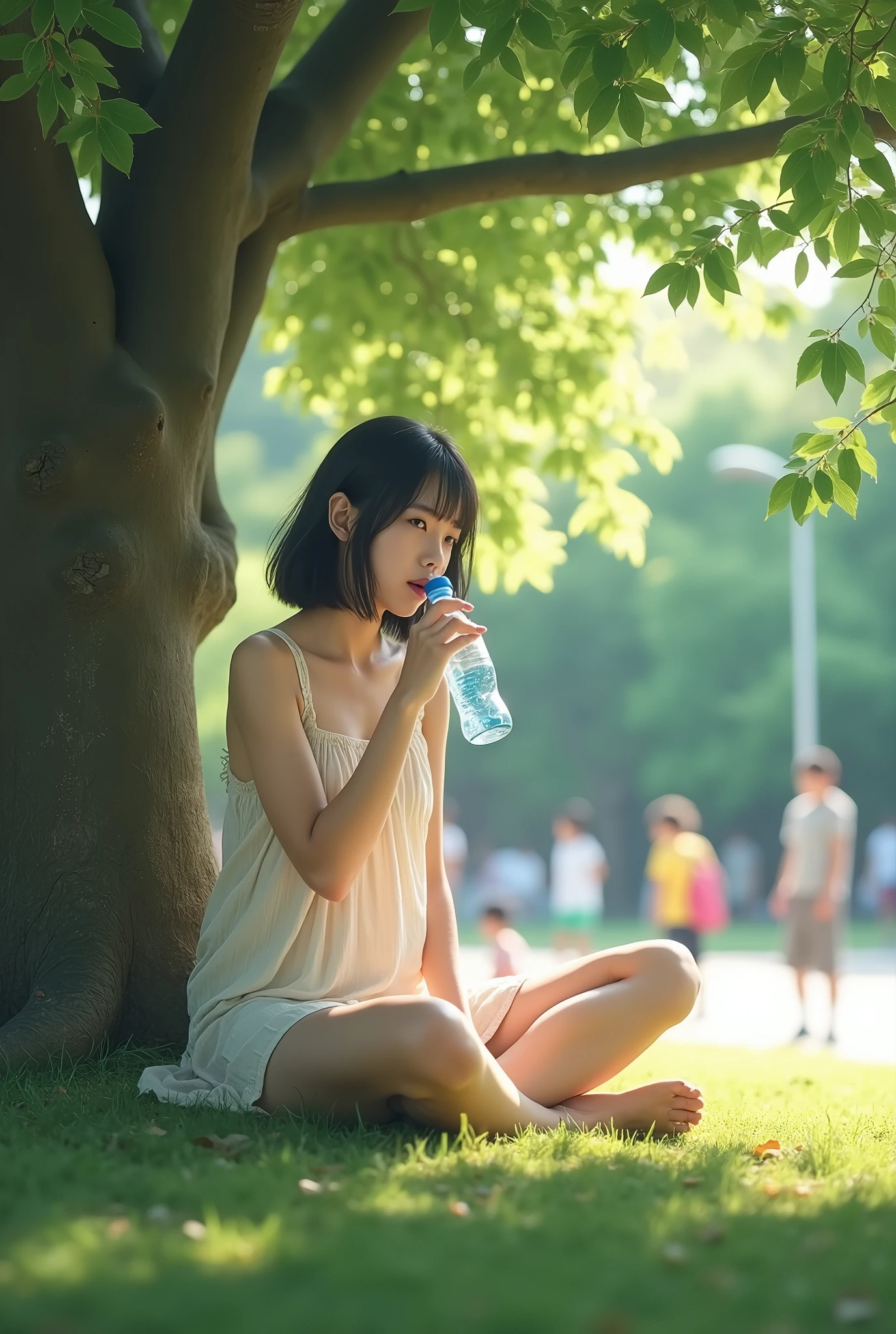 「bright summer day、A 20-year-old Japanese woman with slightly wavy, straight black hair、sitting cross-legged under a large shady tree。Wearing a light summer dress、Drinking from a plastic bottle with one hand。The woman&#39;s body is facing to the right、The face is facing the camera and looks a bit surprised.。The sunlight filtering through the trees casts light and shadow on the woman.。Children play in the surrounding parks.、leaves sway in the wind。A dynamic and peaceful scene、It captures the essence of a perfect summer afternoon.。50mm lens for SLR camera、F1.8 in、arousing、Cinematic、strong、Artistic、A fascinating shoot、The photograph captures a woman&#39;s whole body in a soft style.」
