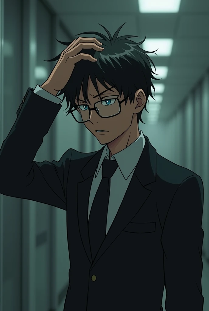 Man, black suit, glasses, background is company, businessman, sad face, skinny, anime style, Japanese, looking straight ahead, big hair hanging down, holding head, worried