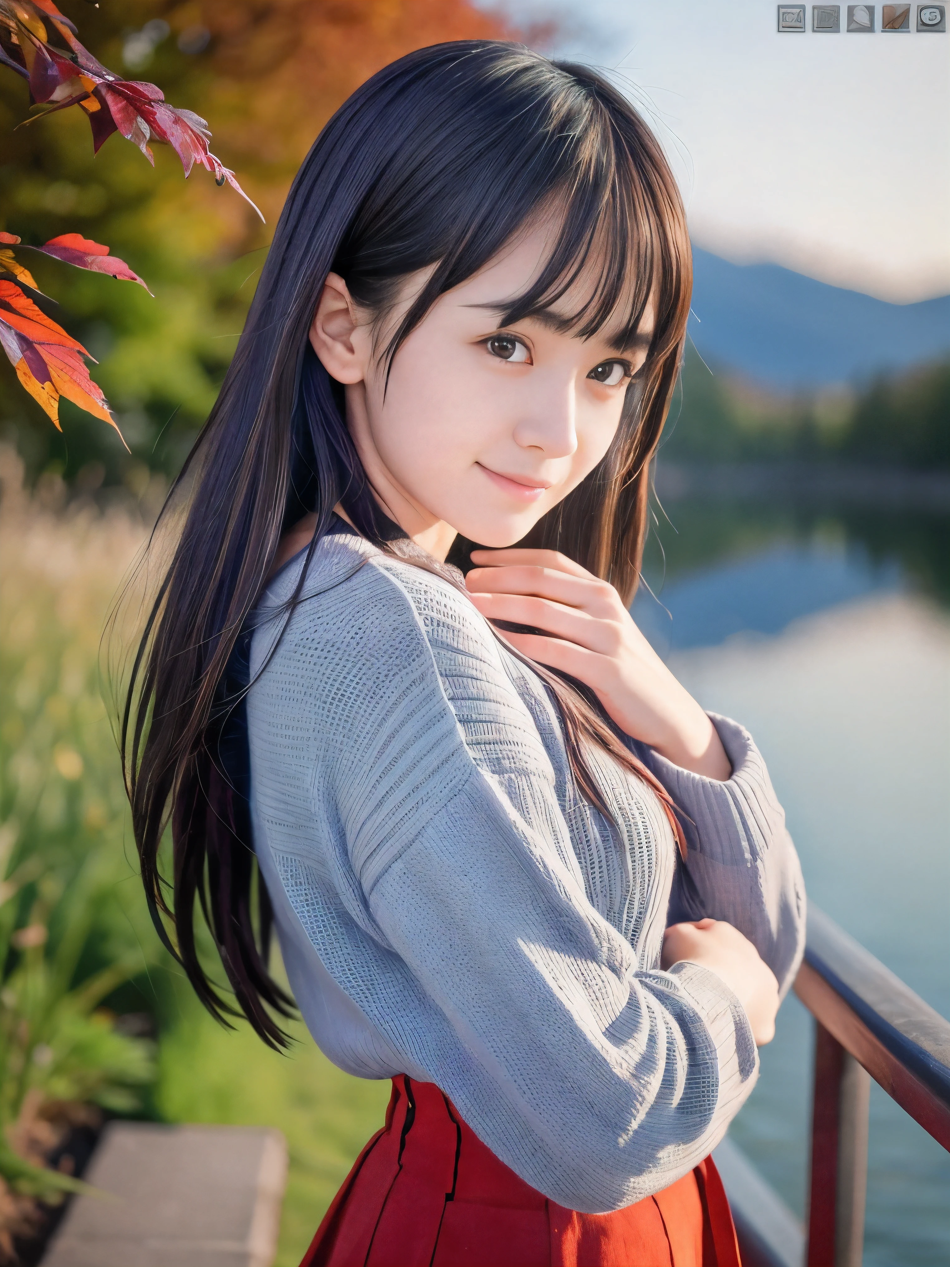(Close up face shot of one slender small breasts dark silver long hair with swept bangs girl in a long sleeves shirt and sweater and skirt:1.5)、(One girl is looking back with sad smile on the dart road near the lake and big waterfall in Japan:1.5)、(Beautifulsunset time with autumn red leaves and mountain:1.5)、(Natural light:1.5)、(8k ultra detailed master piece:1.5)、(perfect anatomy:1.5)、(Photorealistic stick:1.5)、(Raw photo:1.3)、(highest quality:1.5)、(High resolution:1.3)、(Delicate and beautiful perfect face:1.3)、(Delicate and beautiful eye air skin:1.3)、(Real Human Skin:1.3)、((thin legs))