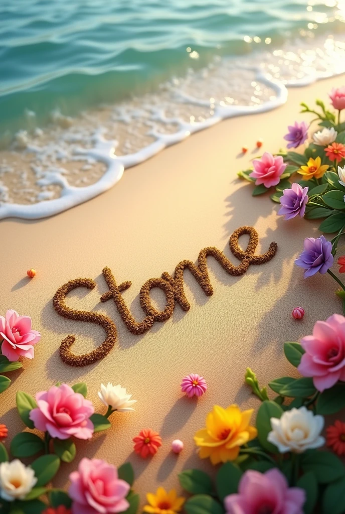 My name written on sand with lots of flowers