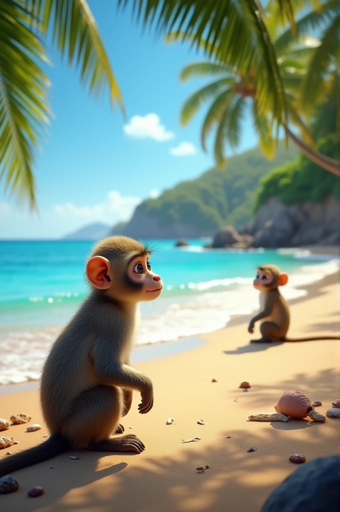 a monkey with backview watching another monkey at the beach