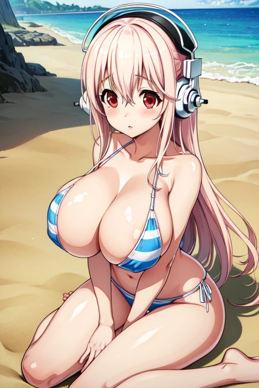 (8k, RAW photo, best quality),Super Sonico enjoying the beautiful beach scenery, with her red eyes shining and headphones on, sitting on the sand in a white and blue striped bikini, massive breasts, huge breasts, 1girl, solo, open breasts, nipples, nsfw,