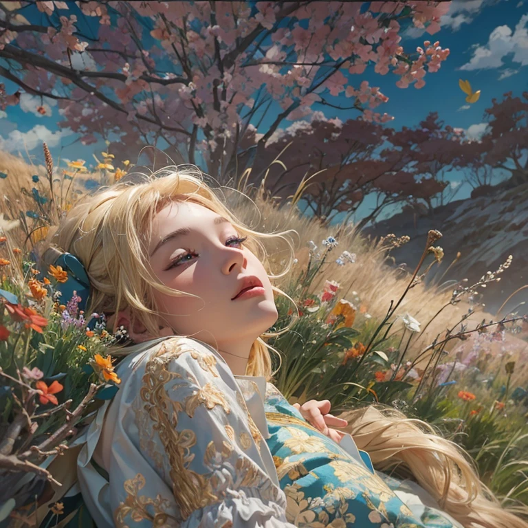 masterpiece: 1.2, Portraiture, Highest quality), Realistic, (Live Action, Intricate details, Written boundary depth), Highest quality, masterpiece, Attention to detail, semi-Realistic, Sleeping on the grass, shy, 2, Short blonde, blue eyes, blonde、 Slim figure、Shoulder Bare、Shorts 、Blue sky and a few clouds、Rolling on the lawn