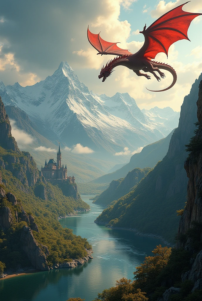 a panoramic view of the ancient dragon kingdom, in a medieval era with snow-covered mountains, deep caves filled with glittering gold and precious gems under the sunlight, medieval fantasy landscape, detailed fantasy art, high quality, 8k, hyperrealistic, dramatic lighting, cinematic composition, vibrant colors, intricate details, ornate architecture, majestic dragons flying overhead, medieval castle in the distance, lush green forests, crystal clear lakes, dramatic cloudy sky