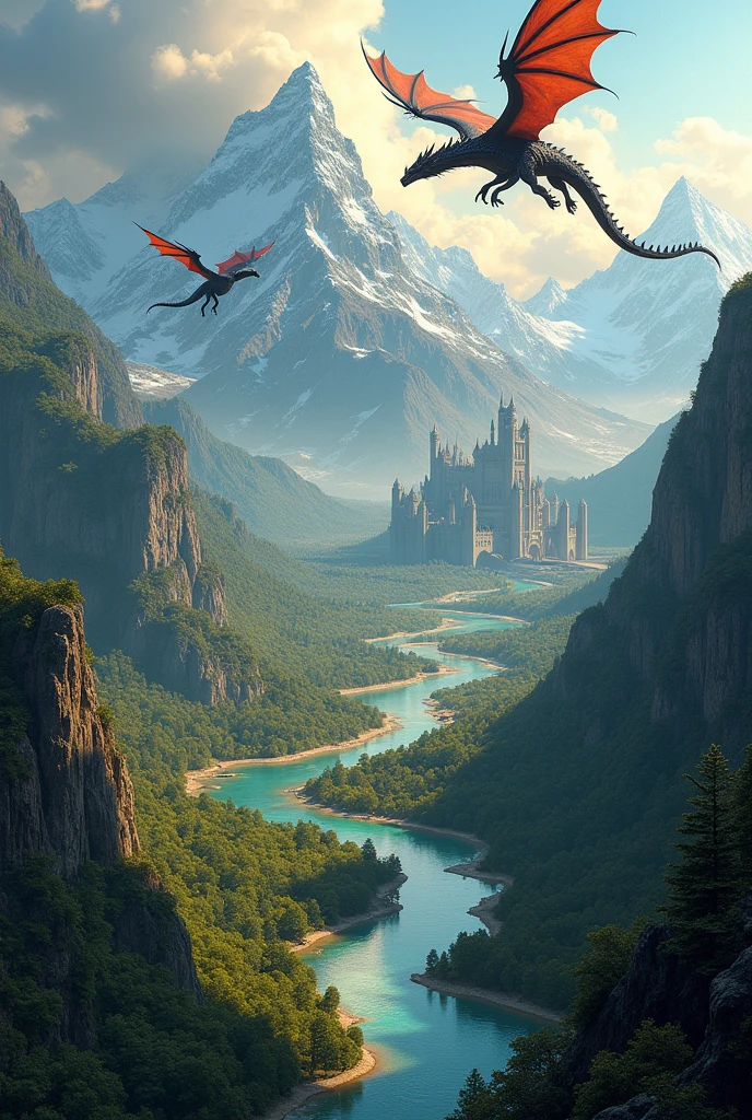 a panoramic view of the ancient dragon kingdom, in a medieval era with snow-covered mountains, deep caves filled with glittering gold and precious gems under the sunlight, medieval fantasy landscape, detailed fantasy art, high quality, 8k, hyperrealistic, dramatic lighting, cinematic composition, vibrant colors, intricate details, ornate architecture, majestic dragons flying overhead, medieval castle in the distance, lush green forests, crystal clear lakes, dramatic cloudy sky