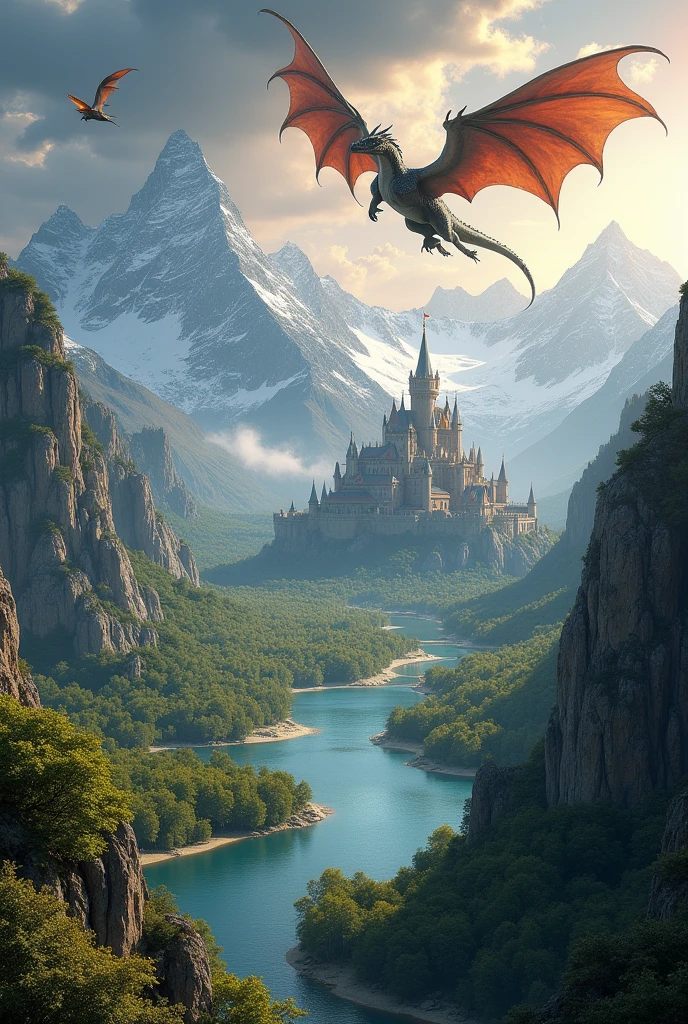 a panoramic view of the ancient dragon kingdom, in a medieval era with snow-covered mountains, deep caves filled with glittering gold and precious gems under the sunlight, medieval fantasy landscape, detailed fantasy art, high quality, 8k, hyperrealistic, dramatic lighting, cinematic composition, vibrant colors, intricate details, ornate architecture, majestic dragons flying overhead, medieval castle in the distance, lush green forests, crystal clear lakes, dramatic cloudy sky