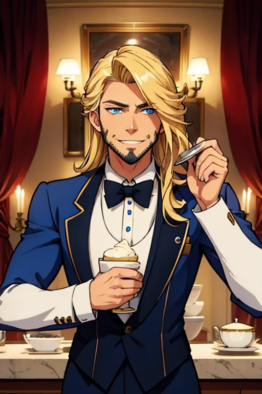 Perfect face. Perfect hands. A muscular blonde haired man with blue eyes and long hair and a dark beard in a butler's uniform is smiling while posing in a fancy butler's cafe