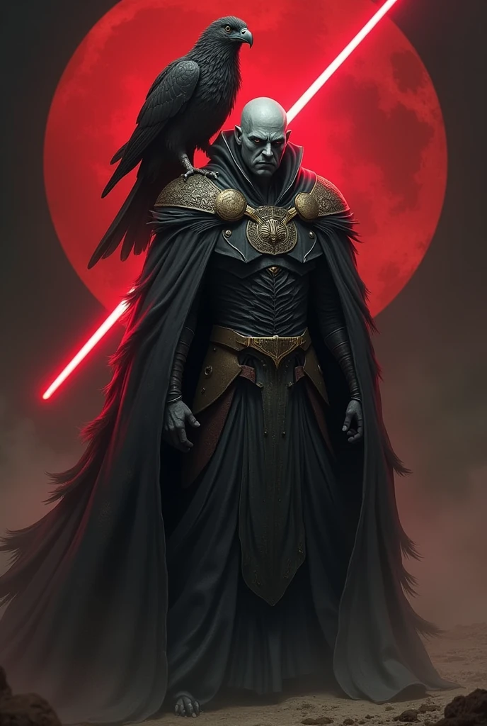 The country uganda as a Sith Lord from Star Wars, angular grey face, bird on Cape, colors red, black and gold, red lightsaber, agressive, frightening, ultra-realistic