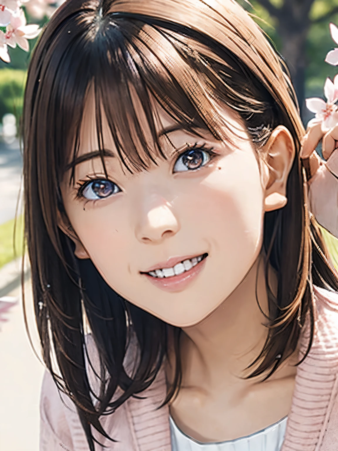 High resolution, 8k, Highest quality, detailed, Semi-realistic anime, Anime 3D Style, Smooth anime CG, One Girl, A 20-year-old Japanese woman, slim, Modeled, Shiny brown hair, detailedな顔, Beautiful and detailed, Glowing Skin, Hard Focus、Film Grain, Soft lighting, Looking at the audience, Laughter, (Pink cardigan and skirt), A tree-lined street with cherry blossom petals falling、A calm day with a spring breeze