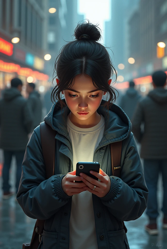 Images for an exhibition of social networks and their negative and positive aspects. It could be a teenager with a phone (that the conversation of a scammer or a swindler can be seen in the background)