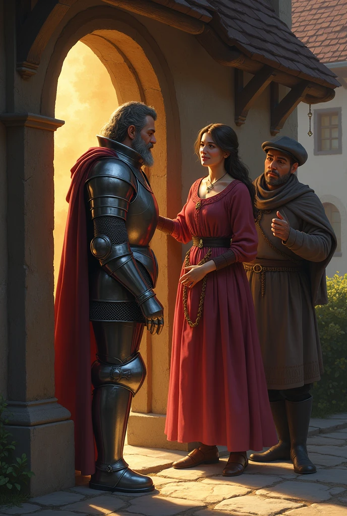 A knight welcomed 
by a innpeekers adult daughter in a village  into her house  with  her father beside