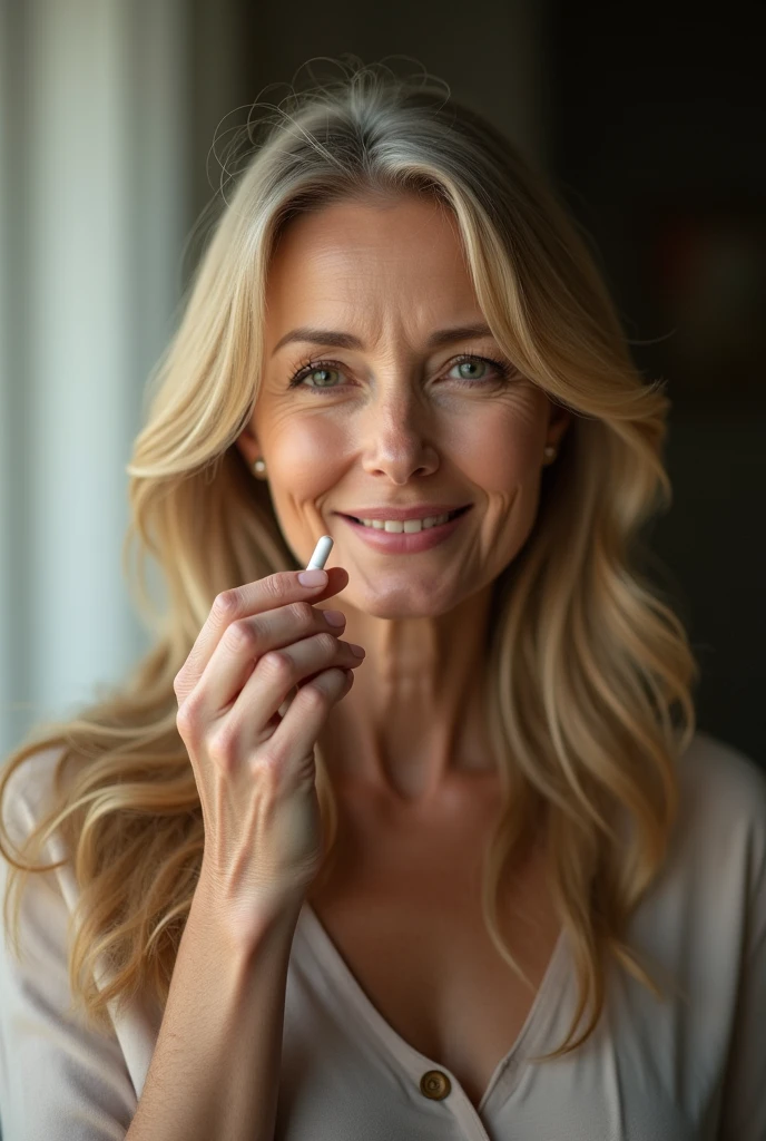 a beautiful mom woman, 55 old years, holding a medicine capsule with his fingers, detailed face, long blond hair, smiling, cinematographic lighting, ultra detailed, high quality, masterpiece,