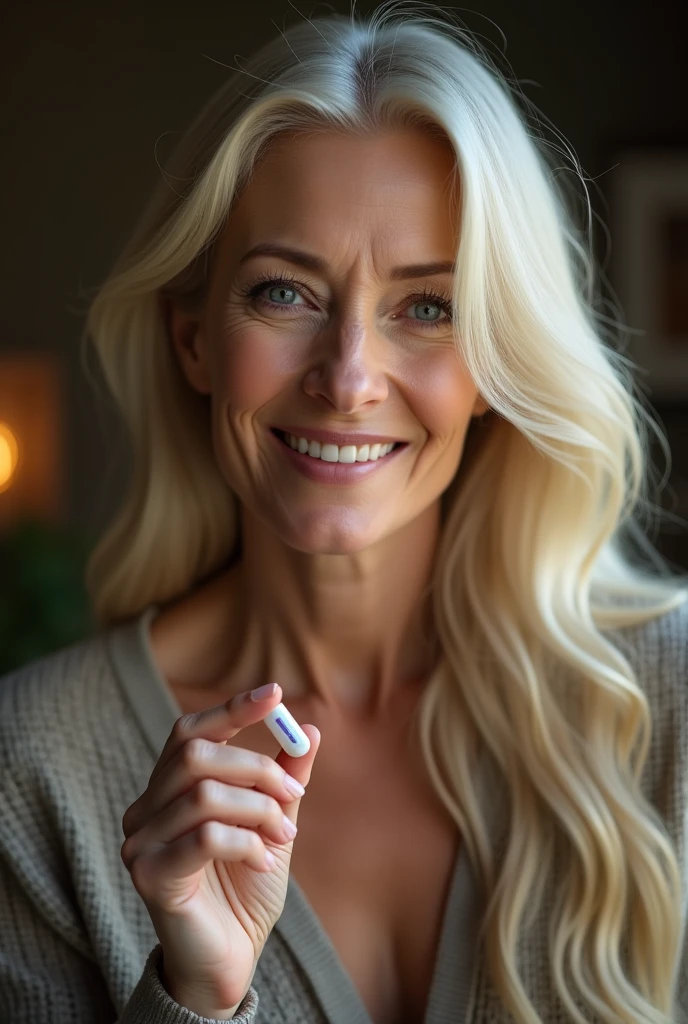 a beautiful mom woman, 55 old years, holding a medicine capsule with his fingers, detailed face, long blond hair, smiling, cinematographic lighting, ultra detailed, high quality, masterpiece,