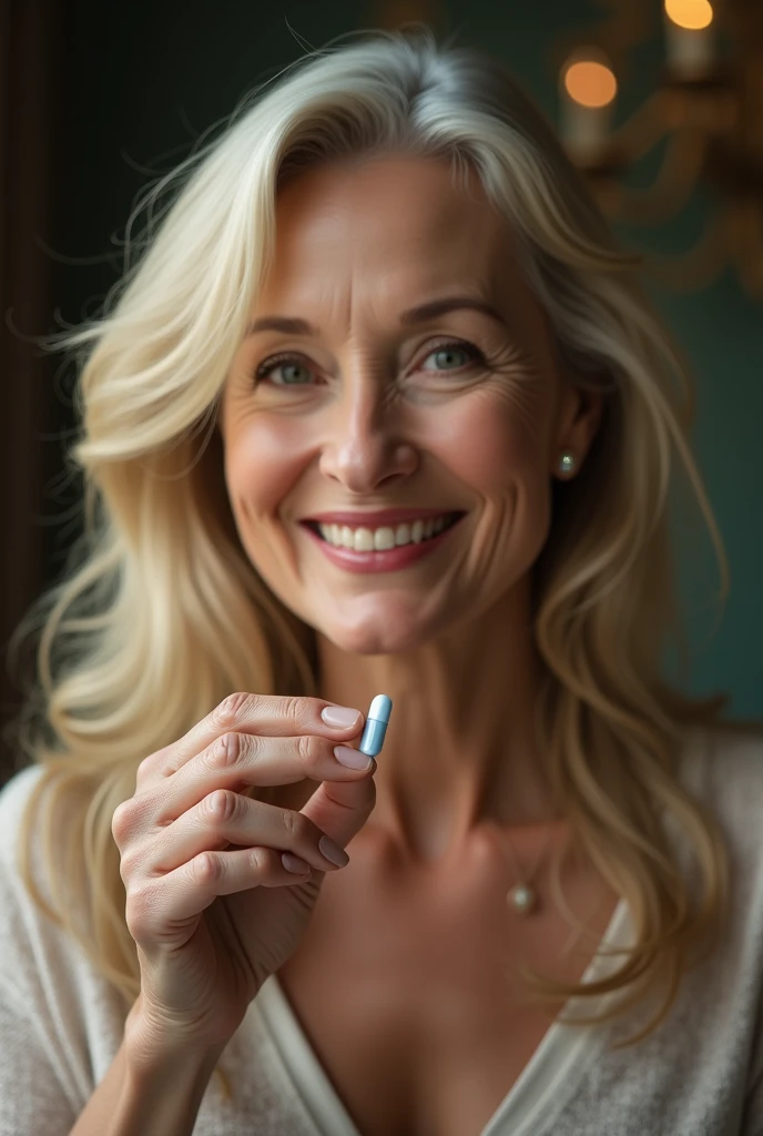 a beautiful mom woman, 55 old years, holding a medicine capsule with his fingers, detailed face, long blond hair, smiling, cinematographic lighting, ultra detailed, high quality, masterpiece,
