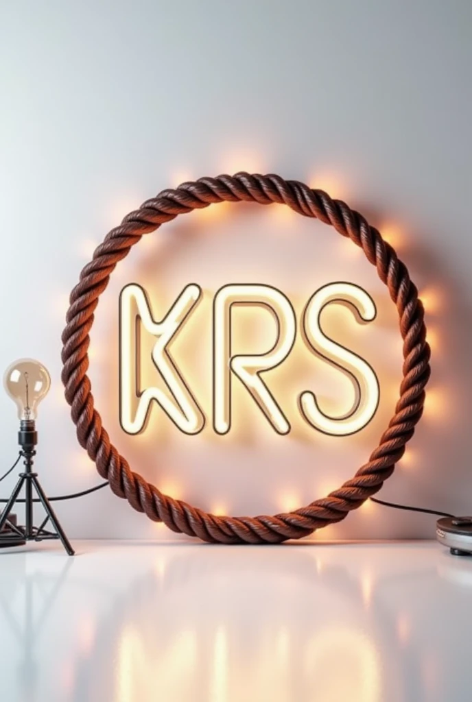 A huge KRS Electrical logo writter by rounded electrical wires and glows Led bulbs and pin socket on white surface and a professional Electrical stand side of logo