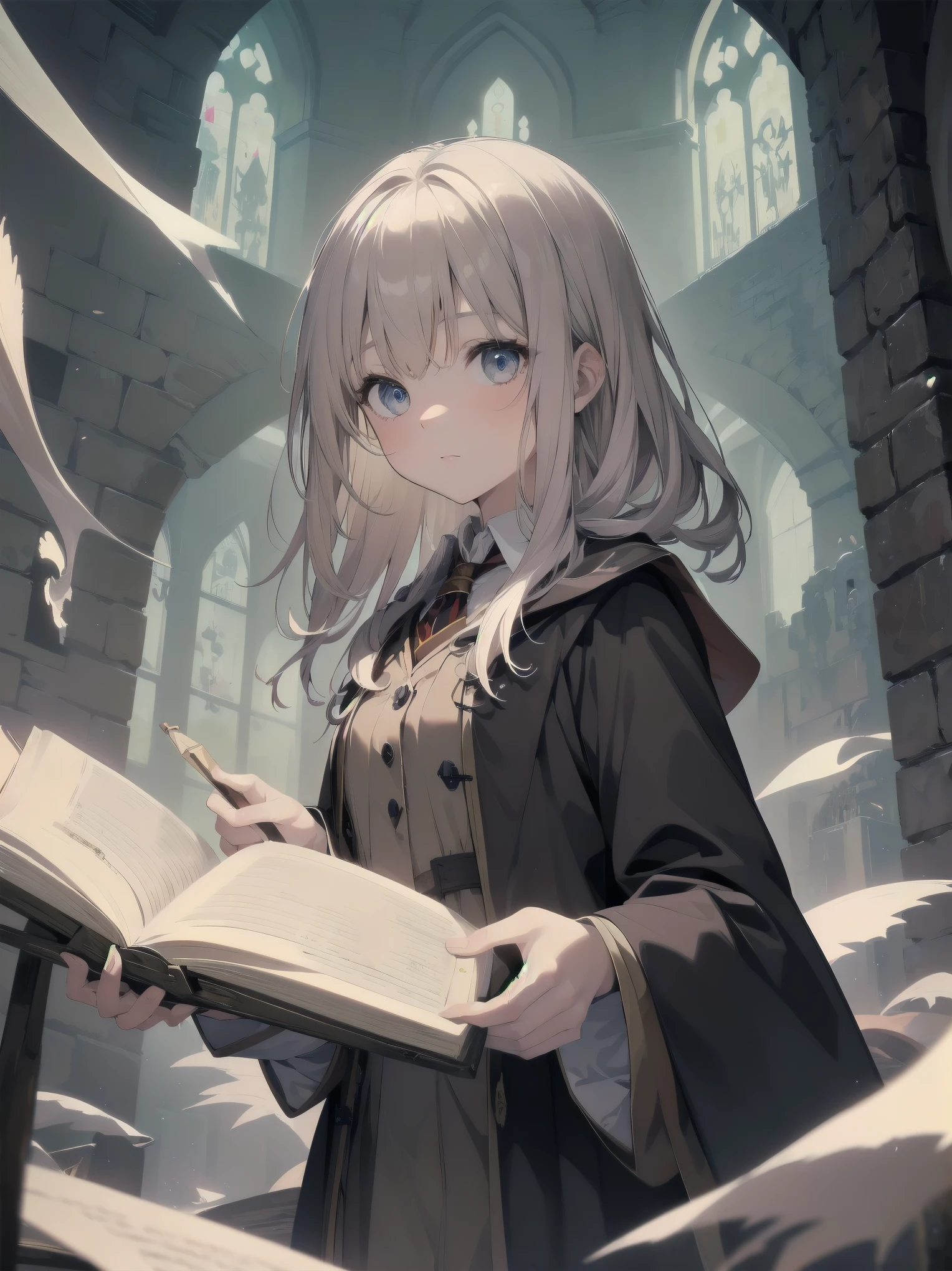 Masterpiece, Top Quality, Absurd, High Resolution, Subject Seismic, Animation Style Illustration with Mock Pause, 1 Girl, Solo, Cute random hairstyle, beautiful random expression and face, random age, slender, random clothing for situation,wizard robes, wand, magical castle, owl, spell book, (Hogwarts: 1.2), magic, wonder, (Harry Potter inspired: 1.3), mysterious atmosphere, details
