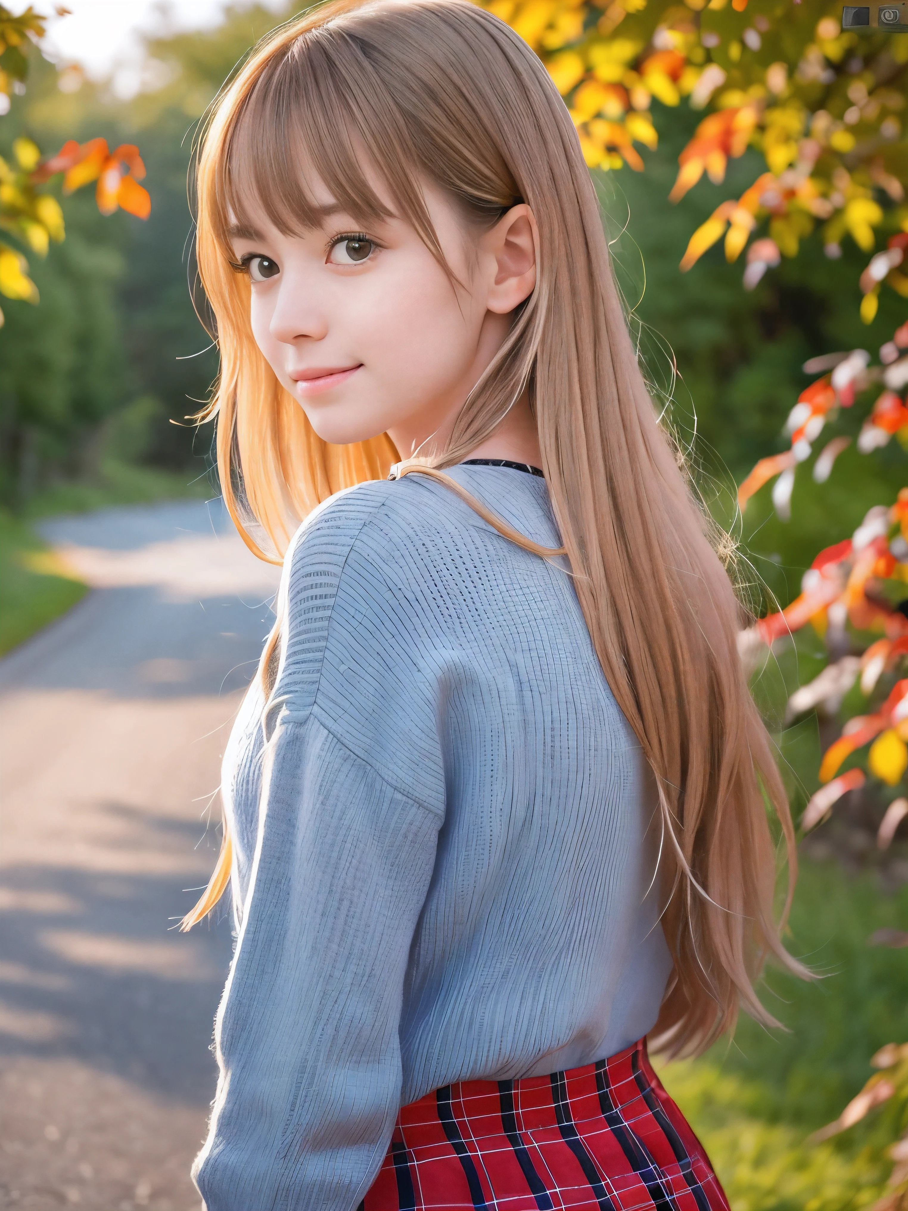 (Close up face shot of one slender small breasts half up blonde long hair with bangs girl in a long sleeves shirt and sweater and skirt:1.5)、(One blonde hair girl is dlooking back with sad smile on the dart road near the lake and big waterfall in Japan:1.5)、(Beautiful sunset time with autumn red leaves and mountain:1.5)、(Natural light:1.5)、(8k ultra detailed master piece:1.5)、(perfect anatomy:1.5)、(Photorealistic stick:1.5)、(Raw photo:1.3)、(highest quality:1.5)、(High resolution:1.3)、(Delicate and beautiful perfect face:1.3)、(Delicate and beautiful eye air skin:1.3)、(Real Human Skin:1.3)、((thin legs))