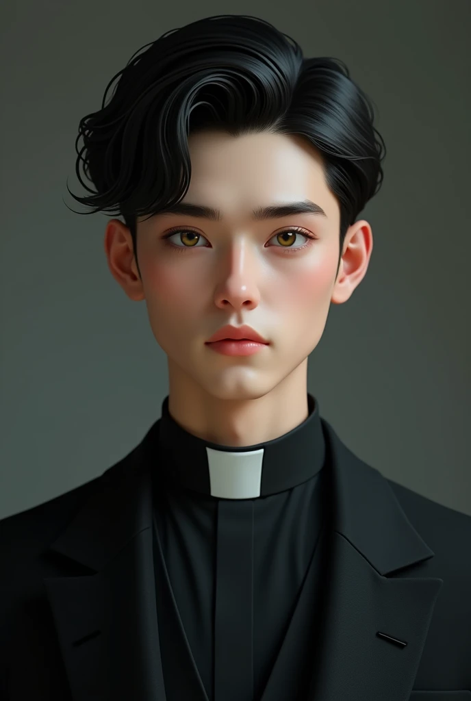 A young man (about twenty-four years old) hairless, White skin, fine features, green eyes with brown highlights and black hair dressed in a black suit with a realistic priest collar
