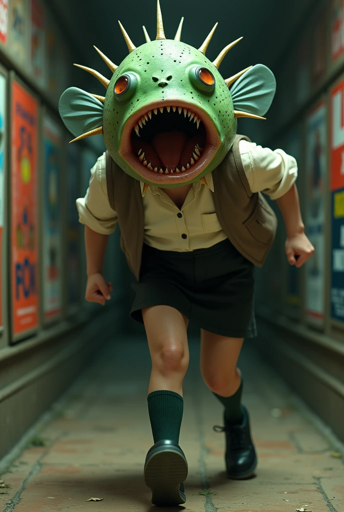 ((Highest quality)), ((photorealistic, hyperrealistic photo, portrait)), (front), (Screaming Pufferfish:1.6), (The upper half of the pufferfish is green.), (Short sleeves), ((No hair)), (The Kusafugu has 20% of the facial features of a human female.), (horror movie posters:1.5), ((Jason:1.8)), (クサフグ対Jason), A pufferfish with a very realistic head, A woman with a human body, オフホワイトで襟付きのShort sleevesシャツに薄茶色のベストを着てひざ丈の黒いスカートに濃い緑色の短い靴下と黒の靴を履いてる, Jasonに追われて全力で走っている, Photorealistic images,