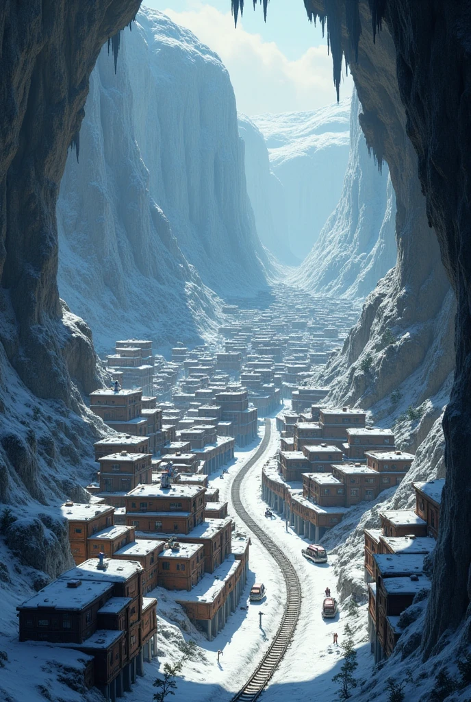 100 hudreds of houses and tunel for train and cars in huge snowy hole