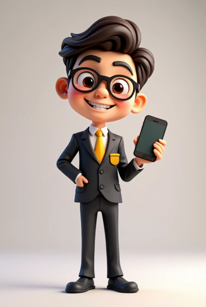 A full body 3D cartoon character. He has a friendly appearance, charismatic and is smiling. The character is a young man with fair skin, dark brown straight hair, bushy eyebrows, big brown eyes and wears glasses. His behavior is cheerful.
The character is dressed formally, wearing a black suit with a yellow tie.
With one hand she is holding a cell phone and with the other she is pointing at the cell phone. The background of the image is neutral, which further highlights the character.