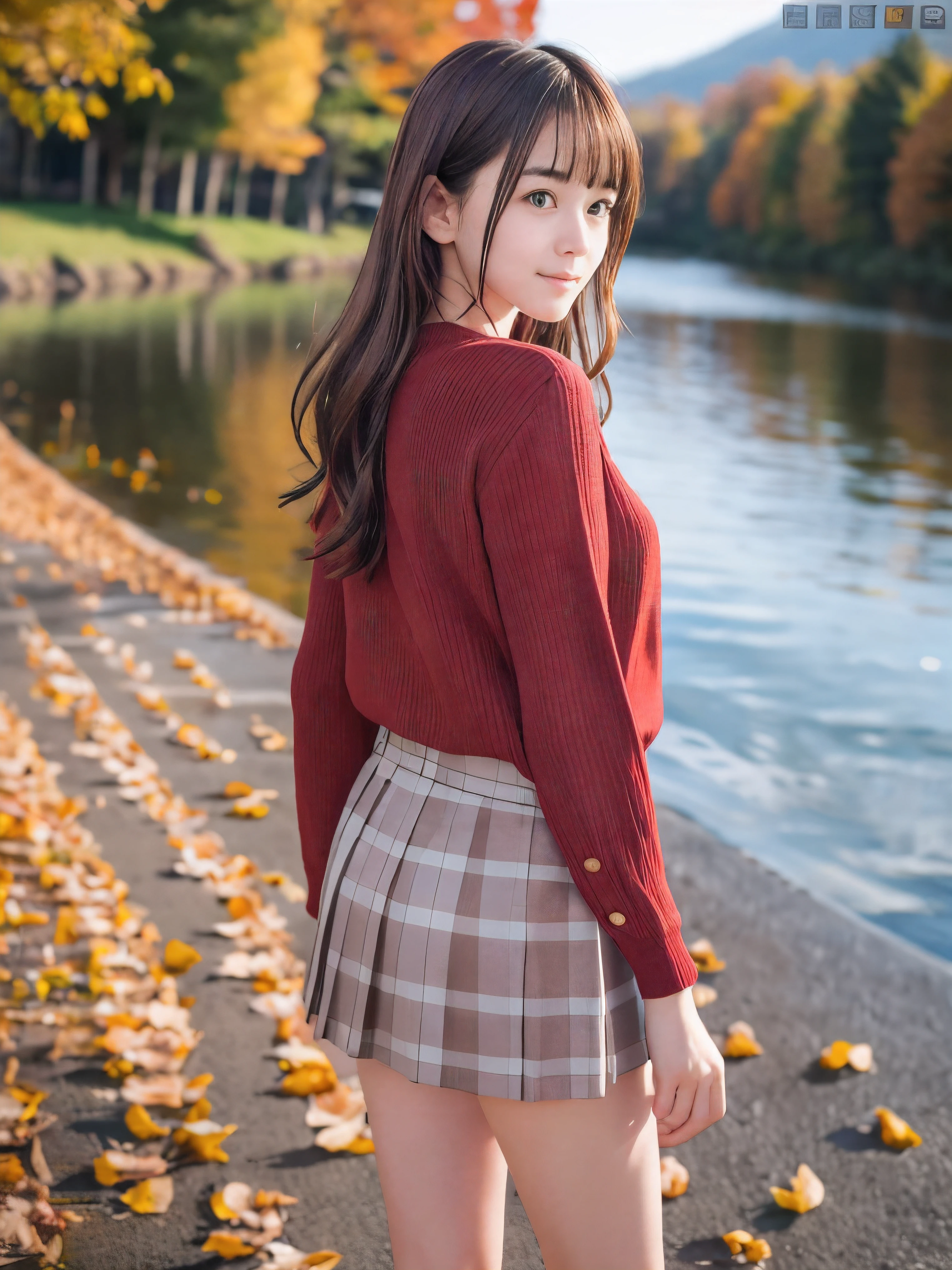 (Close up face shot of one slender small breasts red brown wavy long hair with dull bangs girl in a autumn fashion shirt and sweater and skirt:1.5)、(One girl is looking back with sad smile on the dart road near the lake and big waterfall in Japan:1.5)、(Beautiful sunset time with autumn red leaves and mountain view:1.5)、(Natural light:1.5)、(8k ultra detailed master piece:1.5)、(perfect anatomy:1.5)、(Photorealistic stick:1.5)、(Raw photo:1.3)、(highest quality:1.5)、(High resolution:1.3)、(Delicate and beautiful perfect face:1.3)、(Delicate and beautiful eye air skin:1.3)、(Real Human Skin:1.3)、((thin legs))