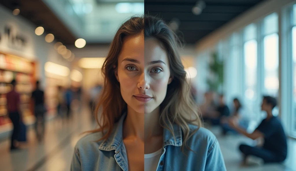 A split image showing two contrasting scenes: on one side, a person mindlessly shopping for the latest products; on the other side, the same person engaged in self-reflection or personal development activities, such as journaling or meditating."