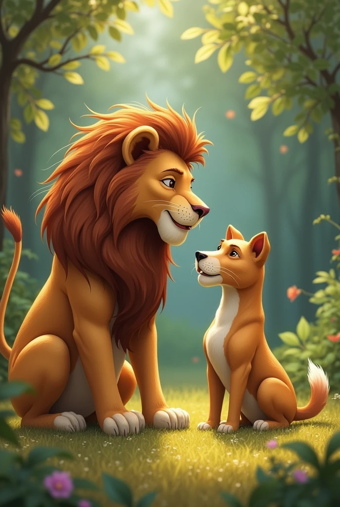 The lion and the dog are sitting together. Talk to each other