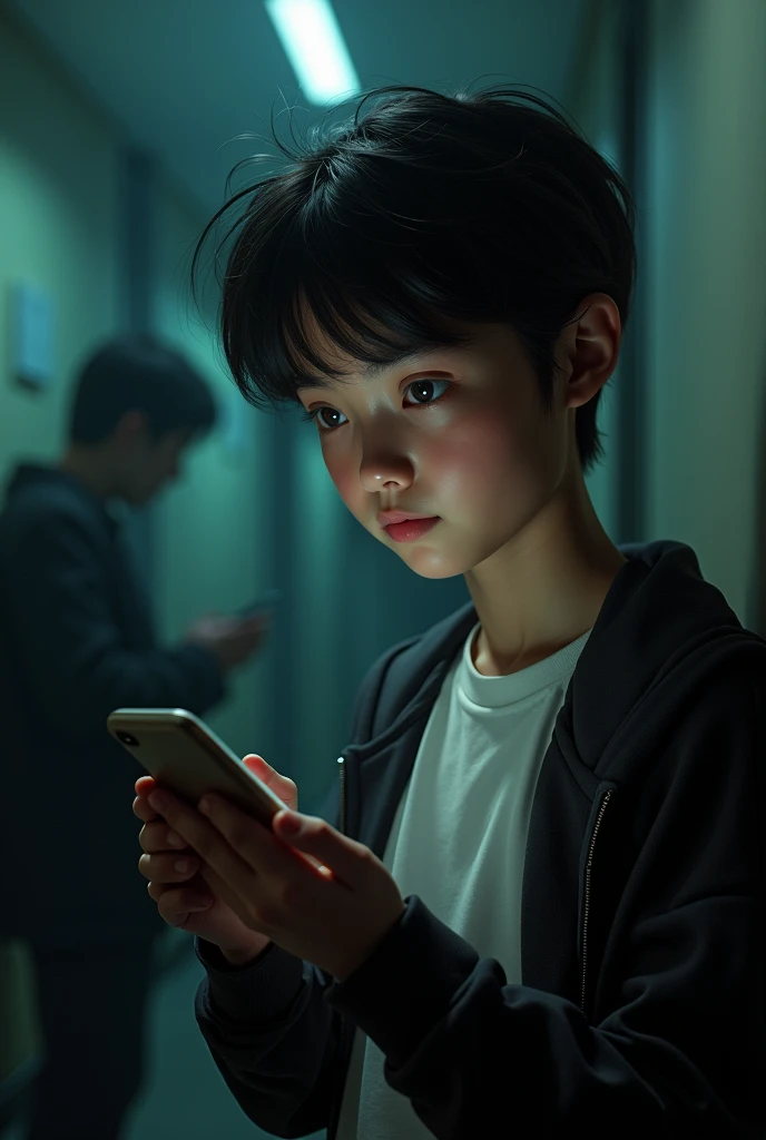 a ager with a phone (that the conversation of a scammer or a swindler can be seen in the background)