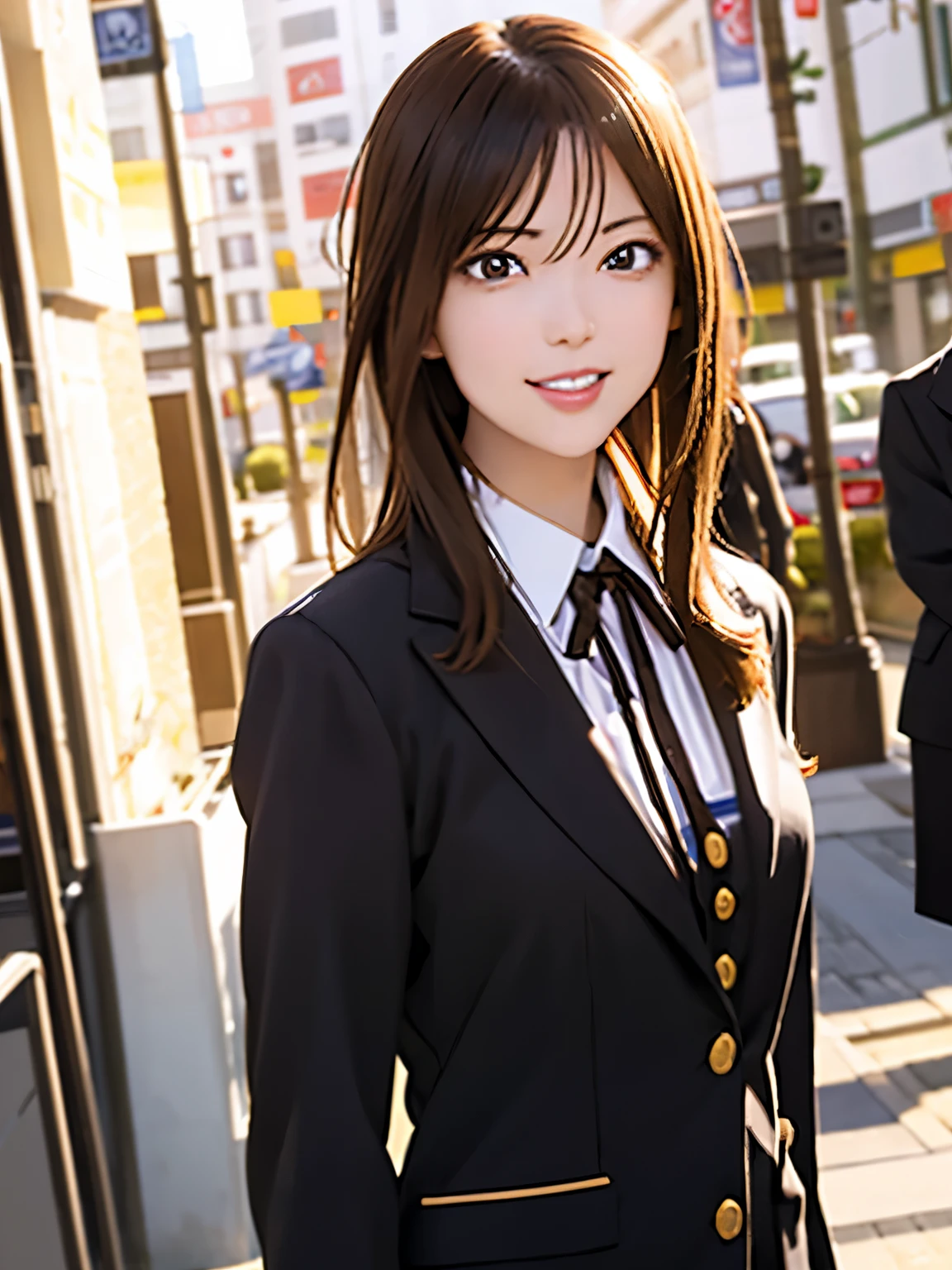 High resolution, 8k, Highest quality, detailed, Semi-realistic anime, Anime 3D Style, Smooth anime CG, One Girl, A 20-year-old Japanese woman, slim, Modeled, Shiny brown hair, detailedな顔, Beautiful and detailed, Glowing Skin, Hard Focus、Film Grain, Soft lighting, Looking at the audience, Laughter, (A woman wearing a formal jacket and pantsuit), A city lined with office buildings、A street where businessmen come and go