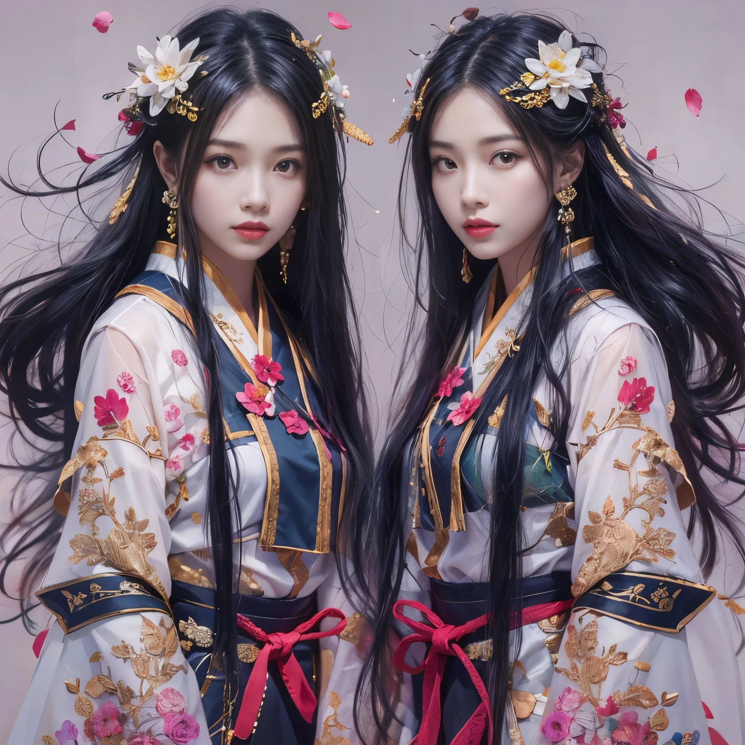 32K（masterpiece，k hd，hyper hd，32K）long flowing black hair，pond，flower， color， Tongzhou people （soul girl）， （Red silk scarf）， battle stance， Looking at the ground， long gray hair， floating hair， carp pattern headdress， Chinese Long Sleeve Clothing， （abstract ink blot：1.2）， 분홍color flower잎 배경，분홍color과 흰color 연flower이 날아다닌다（In reality：1.4），검은 color 머리카락，Fallen leaves are fluttering，The background is pure.， high resolution， Detail， RAW photographer， Sharp material， Nikon D850 film stock photo: Jefferies Lee 4 Kodak Portra 400 카메라 F1.6 shots, 풍부한 color상, Very realistic vivid textures, dramatic lighting, Unreal Engine Art Station Trends, Sinestyr 800，long flowing black hair，denim skirt