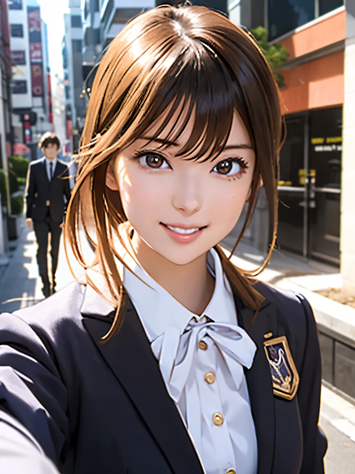 High resolution, 8k, Highest quality, detailed, Semi-realistic anime, Anime 3D Style, Smooth anime CG, One Girl, A 20-year-old Japanese woman, slim, Modeled, Shiny brown hair, detailedな顔, Beautiful and detailed, Glowing Skin, Hard Focus、Film Grain, Soft lighting, Looking at the audience, Laughter, (A woman wearing a formal jacket and pantsuit), A city lined with office buildings、A street where businessmen come and go