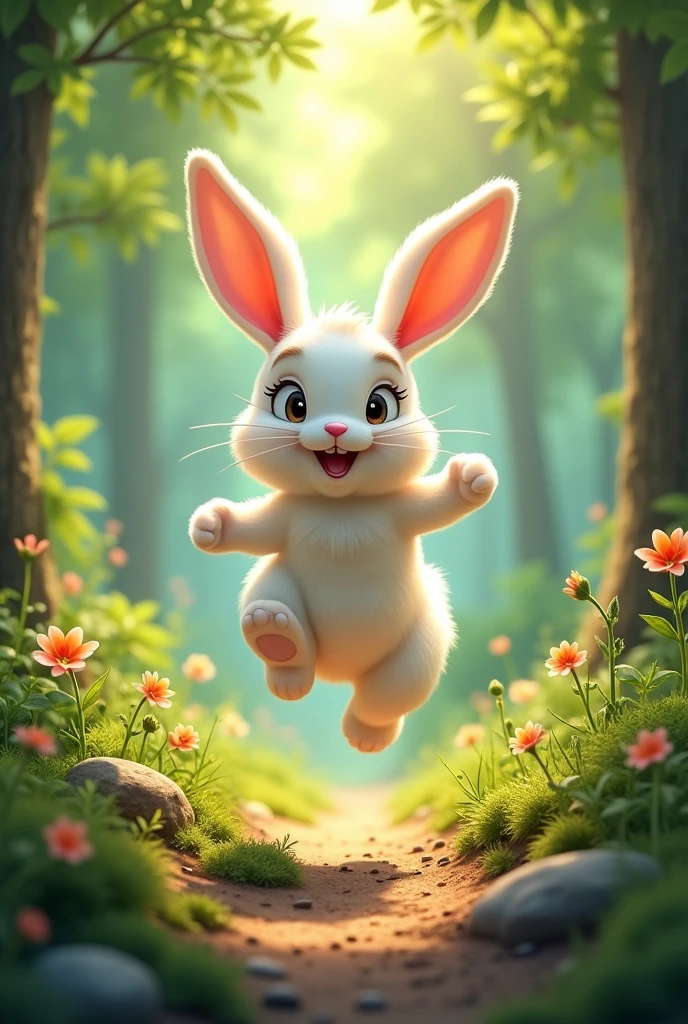 Bunny jumping in a happy forest