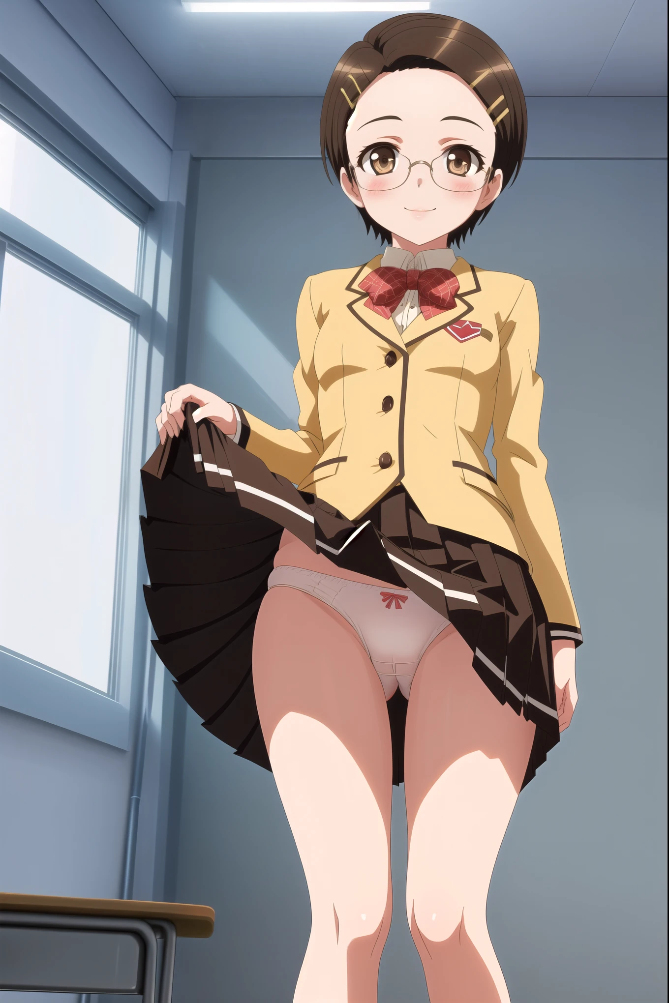 masterpiece, super fine illustration, best quality, light particles, ultra-detailed, 8K,young girl,[official art],[[anime styled]],[[digitalart]],akane_asahina,over-rim eyewear,((pixie cut)),(hairclip),((forehead,side part hairstyle)),black hair,small breasts,short torso,, shiny skin, oily skin,((school uniform,cream colored jacket)),((brown pleated skirt:1.2)),NSFW,1girl in,standing,From below,Looking at Viewer,up skirt,Best Quality,Skirt lift,smile,blush,anime screen cap,Flat color,cel shading,(tucking up the skirt),((white Panties)),short torso,Show panties,pantyshot,up skirt,(classroom)