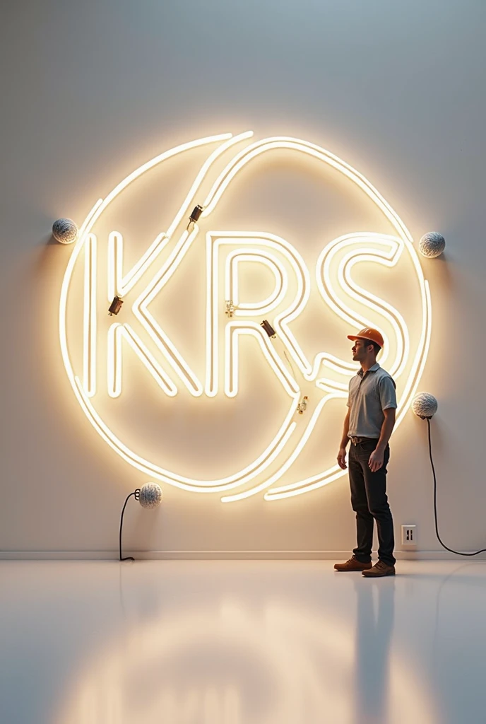 A huge KRS Electrical logo writter by rounded electrical wires and glows Led bulbs and pin socket on white surface and a professional Electricaian stand side of logo