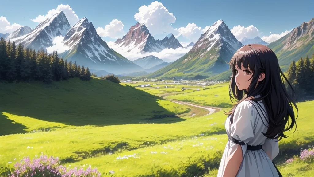 Anime girl in a meadow with mountains in the background, 4k anime wallpaper, Anime countryside landscape, 4K Manga Wallpapers, Anime Nature, Anime Art Wallpapers 8K, Anime Style 4k, Beautiful Anime, anime art wallpaper 4k, anime art wallpaper 4k, Beautiful Anime scene, anime wallpaper 4k, anime wallpaper 4k, Anime Background