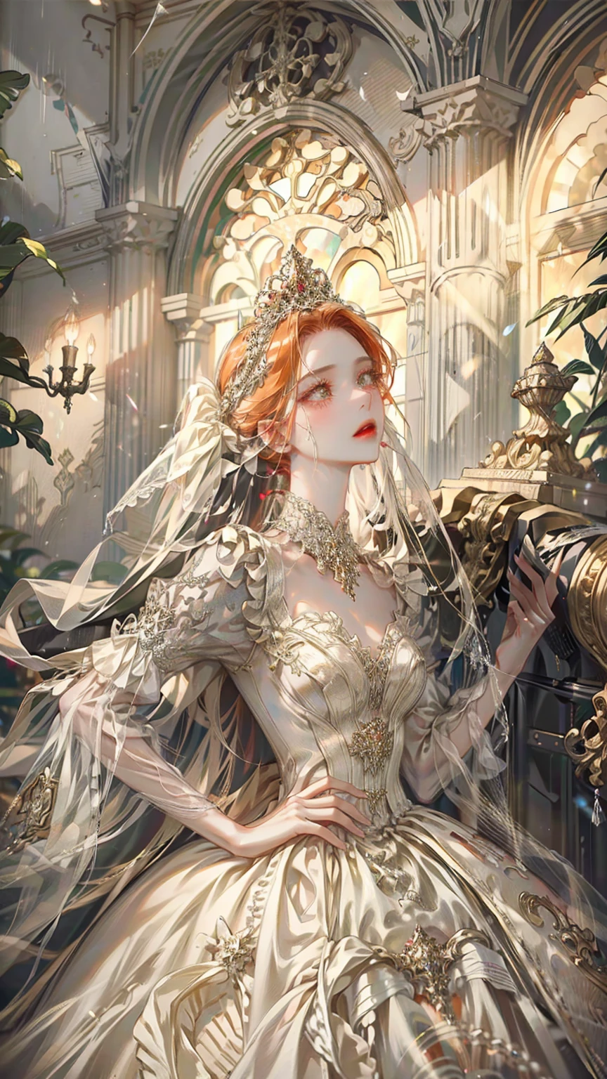((best quality)), ((masterpiece)), ((Romance Fantasy)), ((illustration)), (detailed), (clear), (Perfect), 1 woman, mature, upstage, expressionless, Pigtailed orange hair, Vermilion eyes, abundant eyelashes, Twinkle-free, red lips, big bust, small waist, lush white wedding dress, diamond tiara, Veils, holding a bouquet, Standing in an elegant posture, A sideways glance